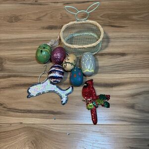 VTG Sequin & Wood Decorative Lot Easter Bunny Eggs Dolphin Cardinal Kitsch Retro